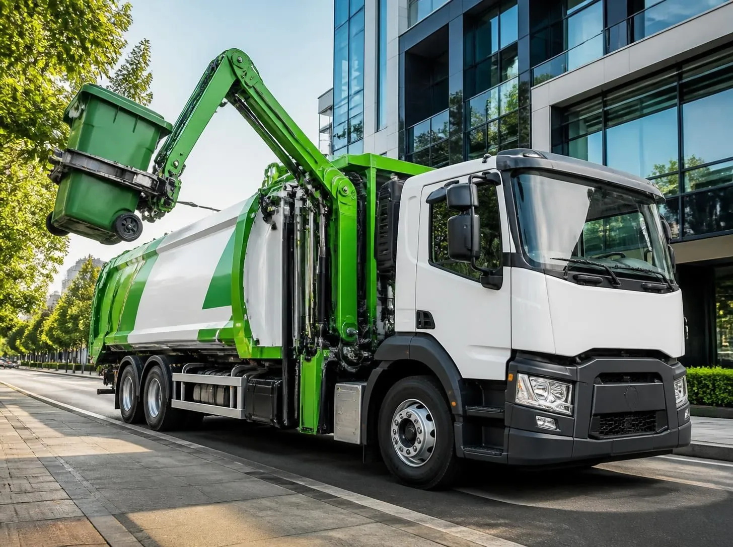 Automated side-loader refuse truck collecting a waste container on a city street