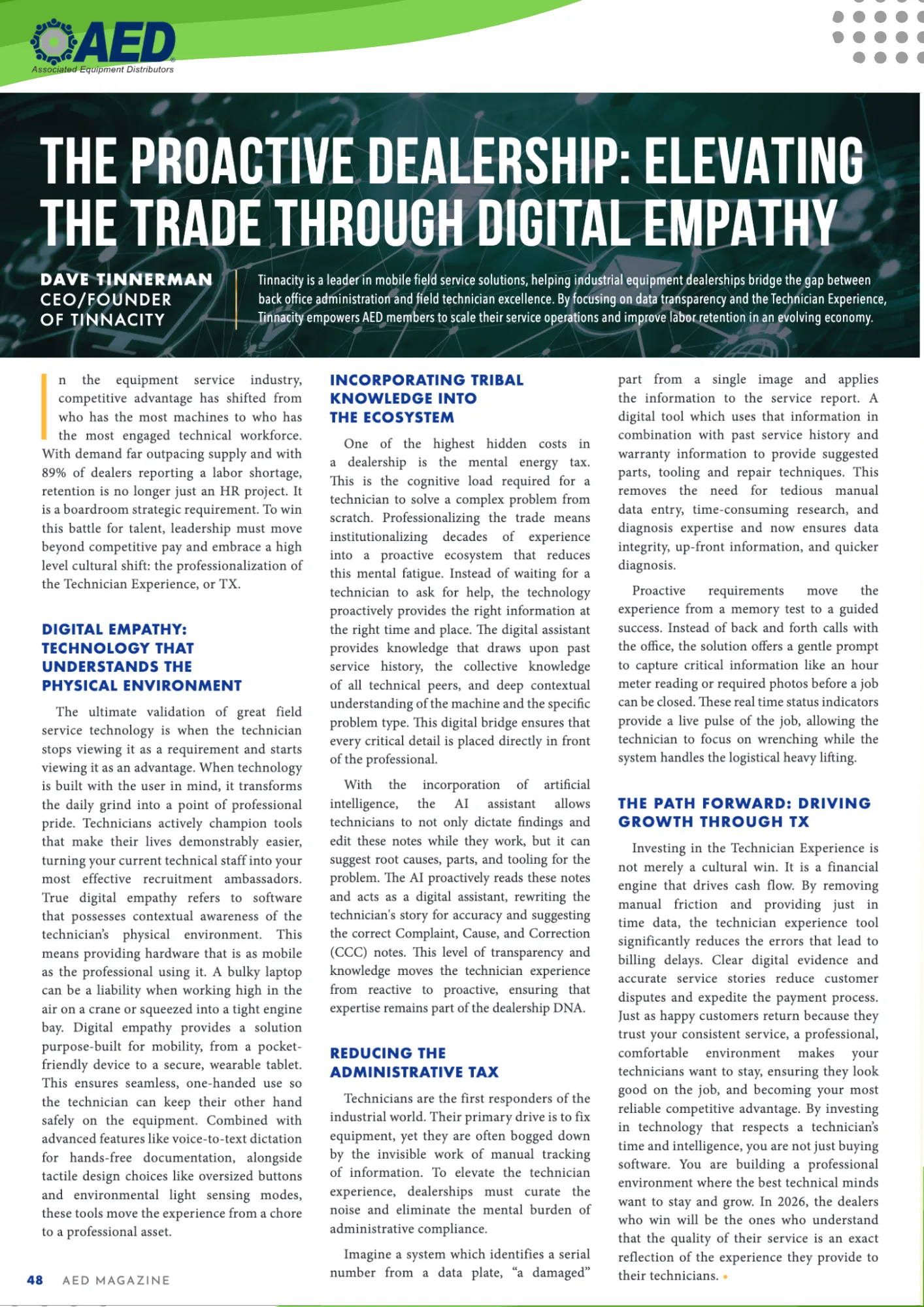 Page 48 of AED Magazine, April 2026: “The Proactive Dealership: Elevating the Trade Through Digital Empathy”, a Letter from the CEO by Dave Tinnerman