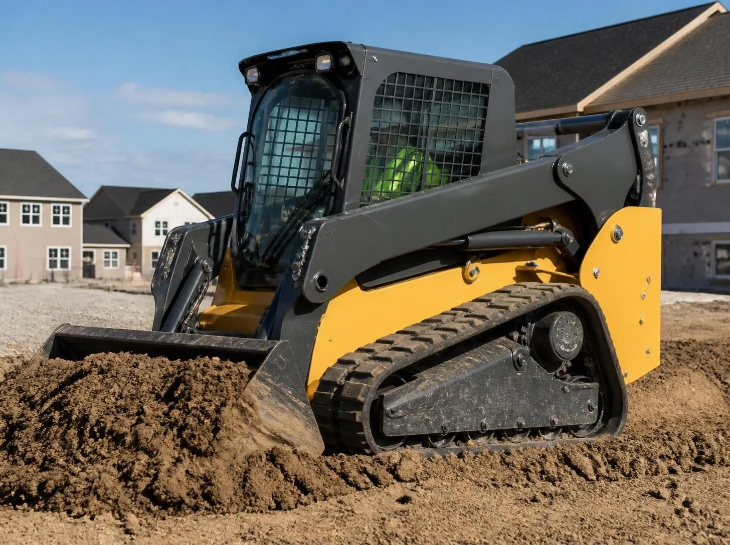 Compact track loader digging dirt on a suburban construction site