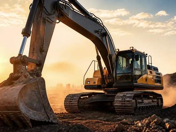 Heavy earthmoving excavator on a job site at sunset