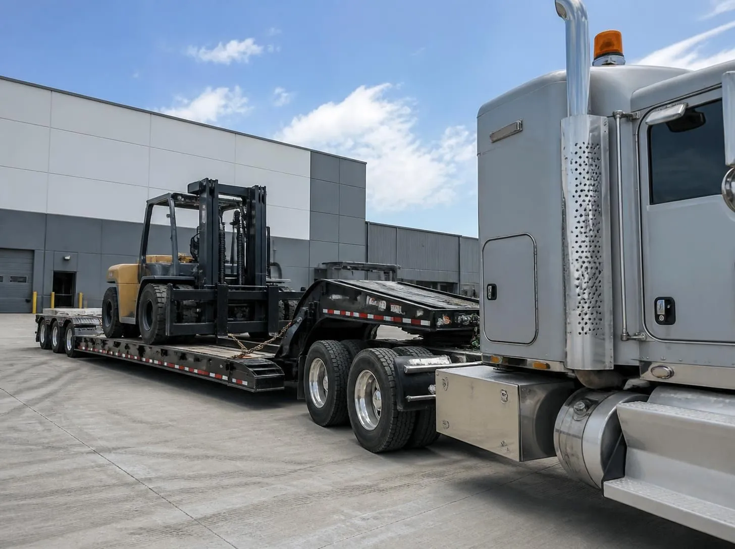 Forklift secured on a flatbed trailer for transport outside a warehouse