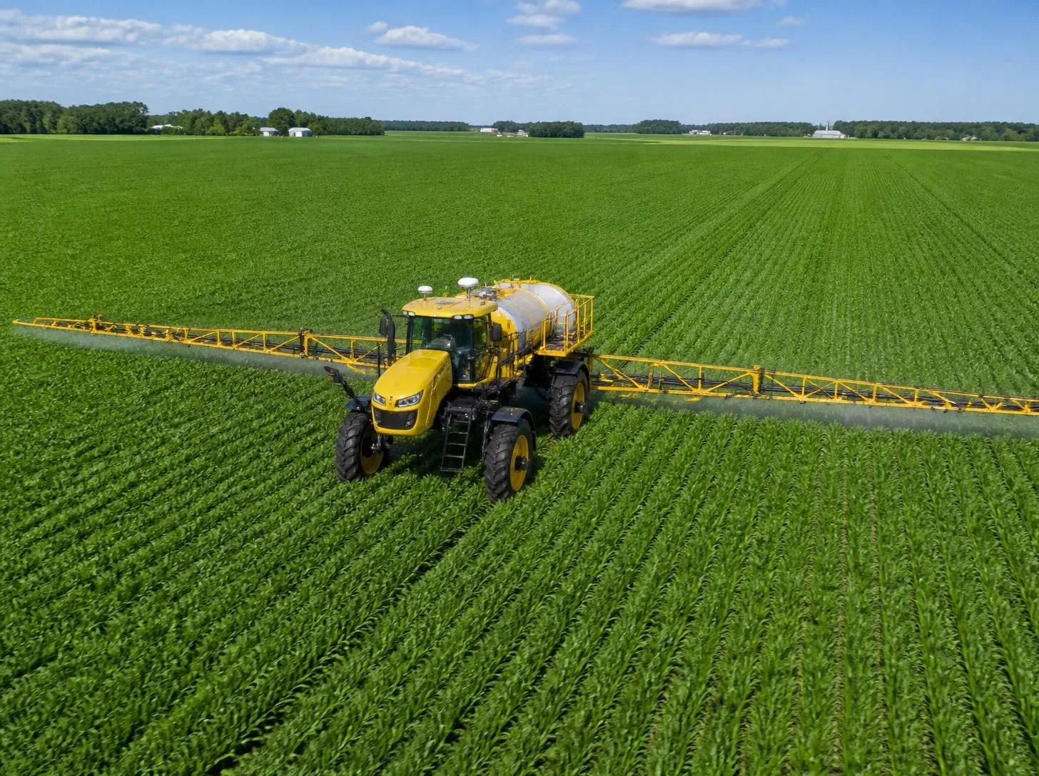 High-clearance self-propelled sprayer applying crop protection across a corn field